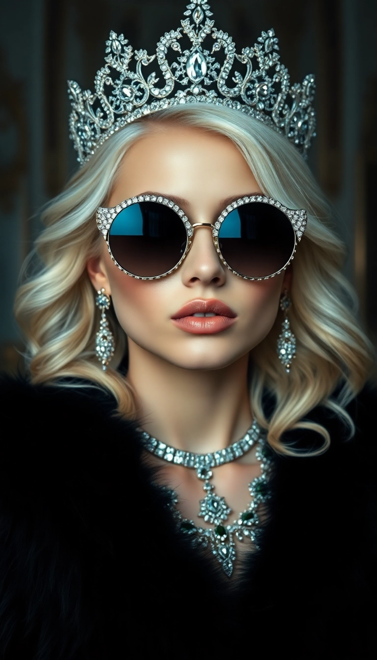 Best AI Young Platinum Blonde Queen in Black Fur Phone Photogenic Background